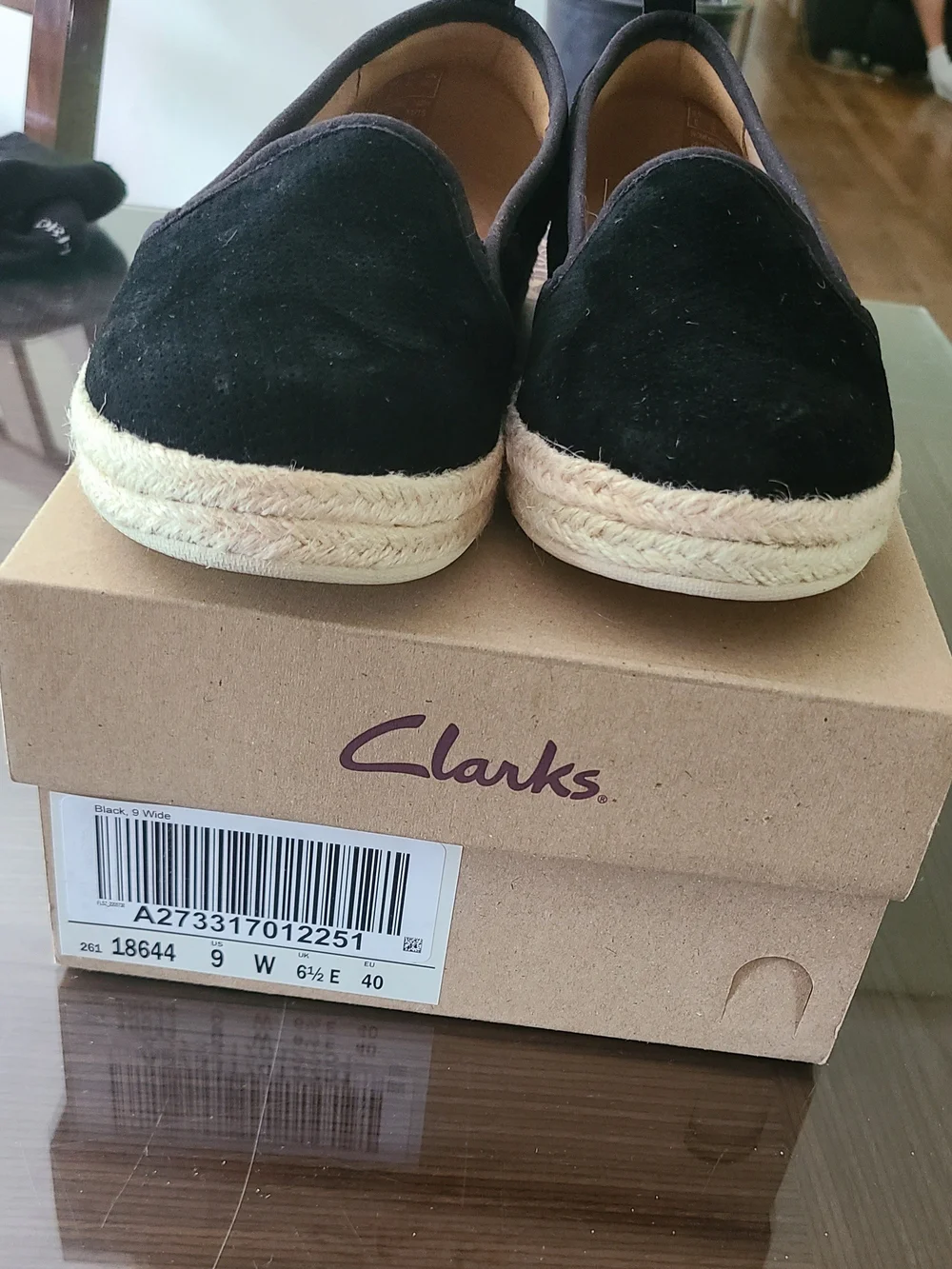 Clarks Azella Major Black Suede Womens 9W Espadrille Slip-Ons Shoes NIB